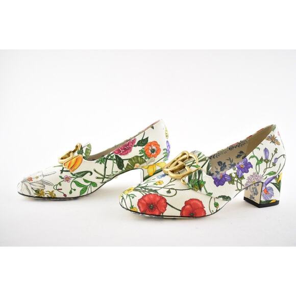 Gucci Victoire 55 White Canvas Floral Logo Block Mid Heel Mule Loafer Pump 36.5 - Picture 8 of 10